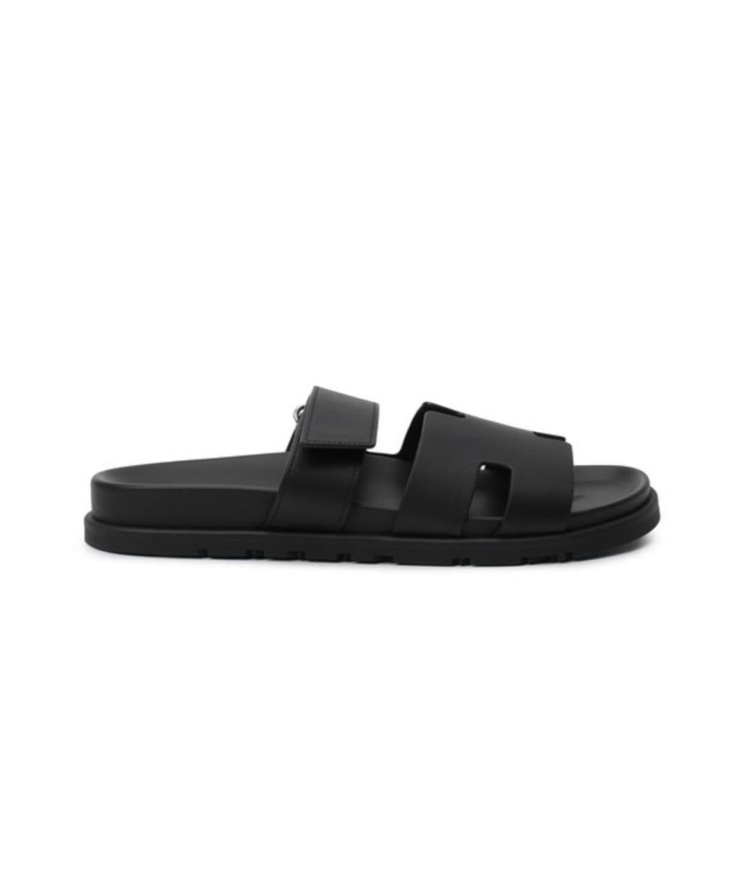 HERMES Черные кожаные шлепанцы, фото 1
