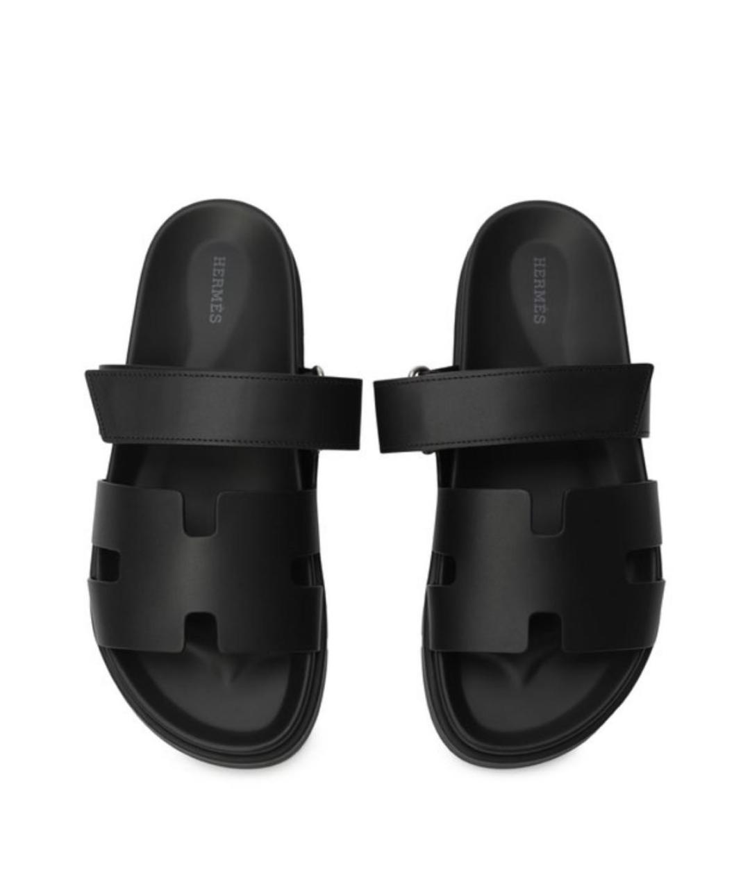 HERMES Черные кожаные шлепанцы, фото 2
