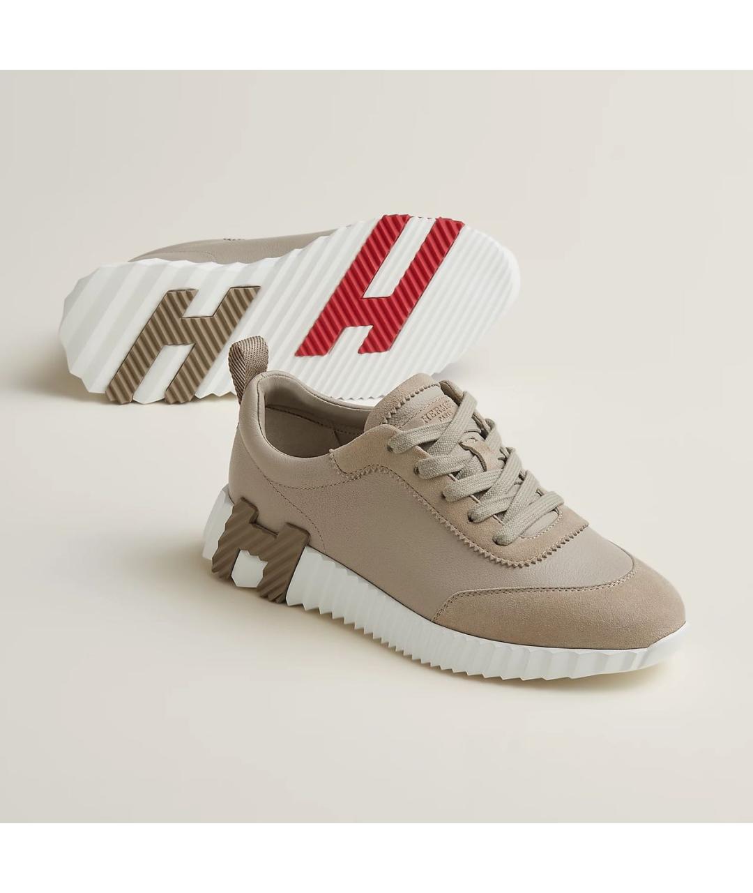 HERMES Бежевые кожаные кроссовки, фото 2