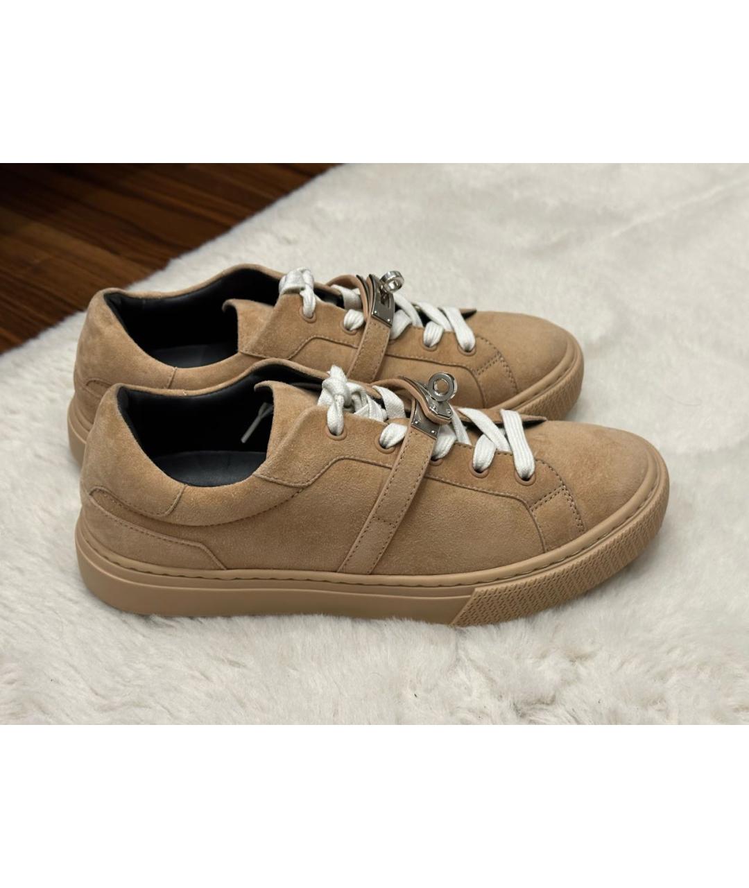 HERMES Бежевые замшевые кроссовки, фото 9