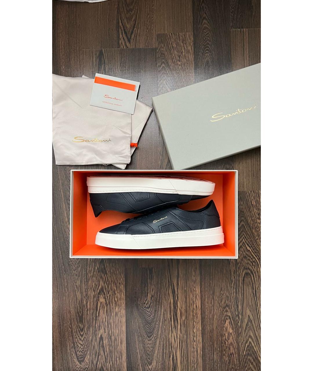 SANTONI Темно-синие кожаные низкие кроссовки / кеды, фото 7