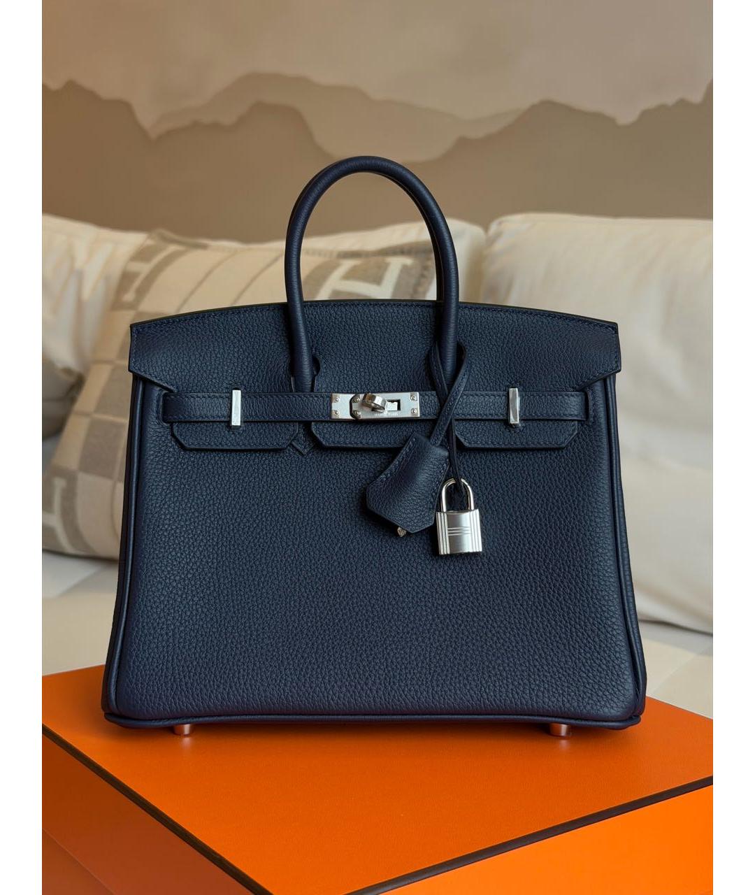 HERMES Темно-синяя кожаная сумка с короткими ручками, фото 7