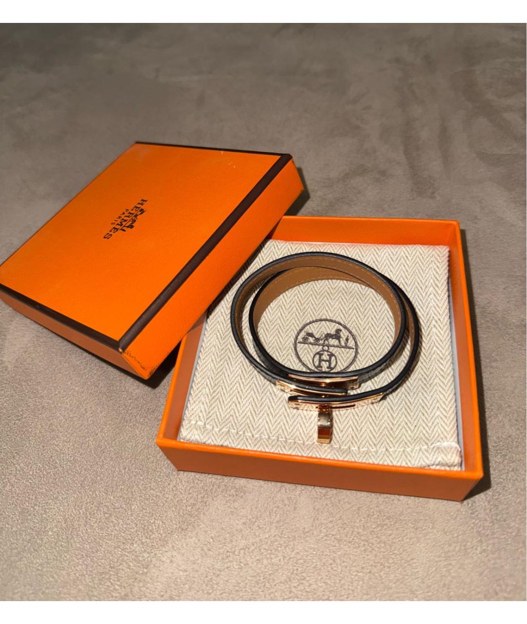 HERMES Черный кожаный браслет, фото 2