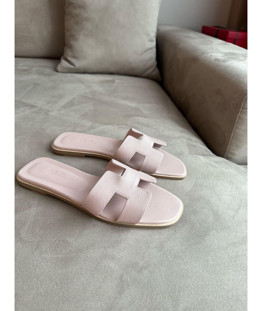 HERMES Розовые кожаные шлепанцы, фото 2