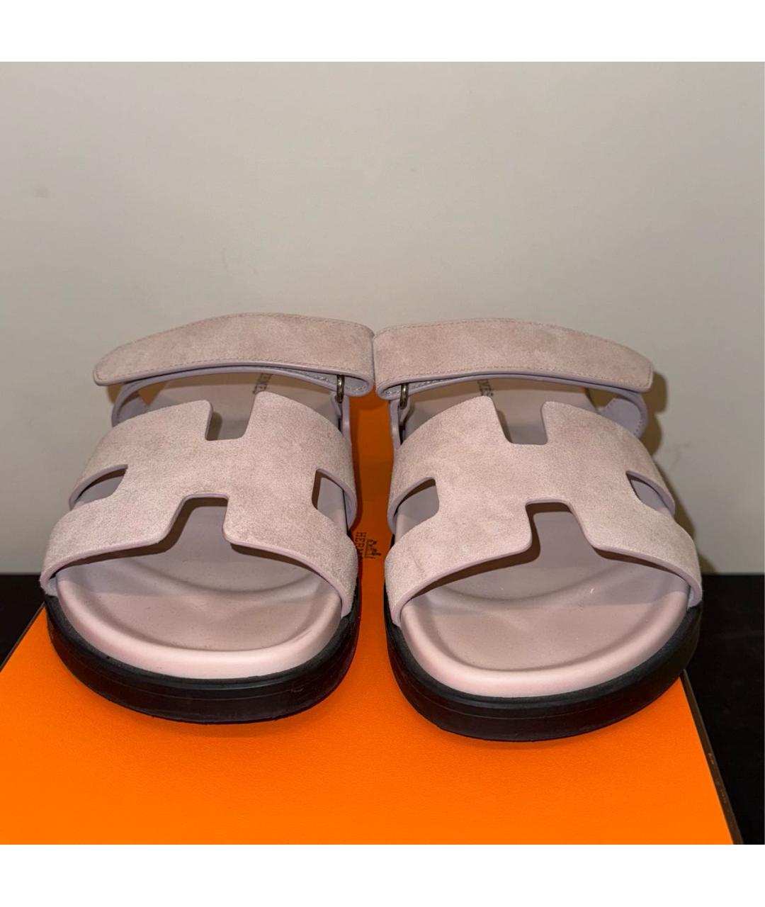 HERMES Розовые замшевые шлепанцы, фото 2