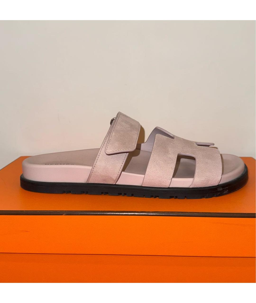 HERMES Розовые замшевые шлепанцы, фото 8