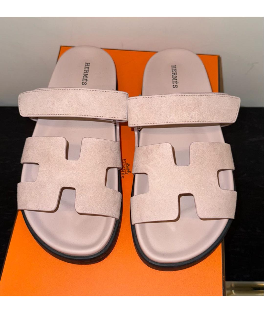 HERMES Розовые замшевые шлепанцы, фото 3