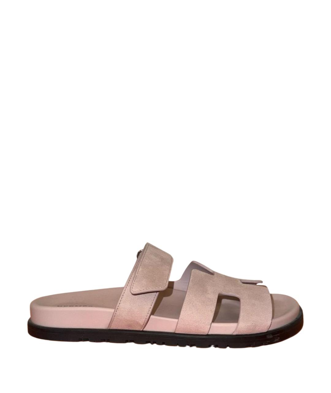 HERMES Розовые замшевые шлепанцы, фото 1