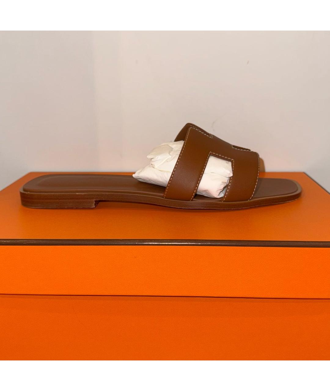 HERMES Коричневые кожаные шлепанцы, фото 5