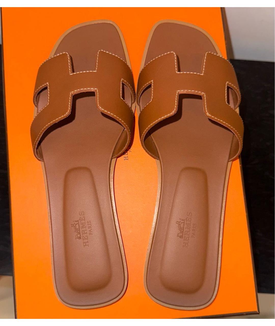 HERMES Коричневые кожаные шлепанцы, фото 3