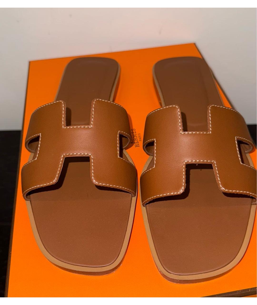 HERMES Коричневые кожаные шлепанцы, фото 2