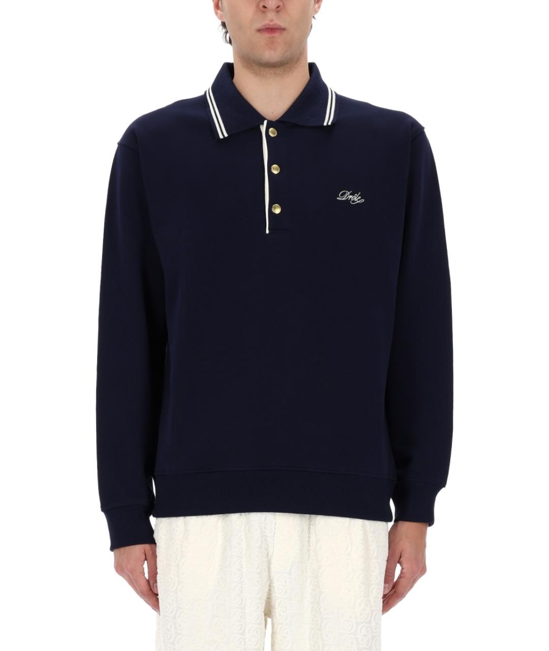 Drole de Monsieur Синее хлопковое поло с длинным рукавом, фото 4