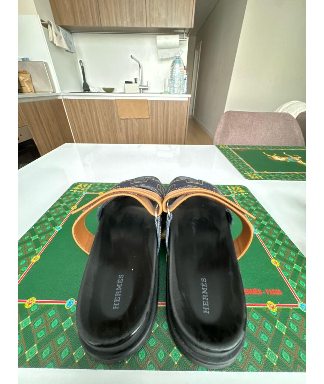 HERMES Синие кожаные шлепанцы, фото 4