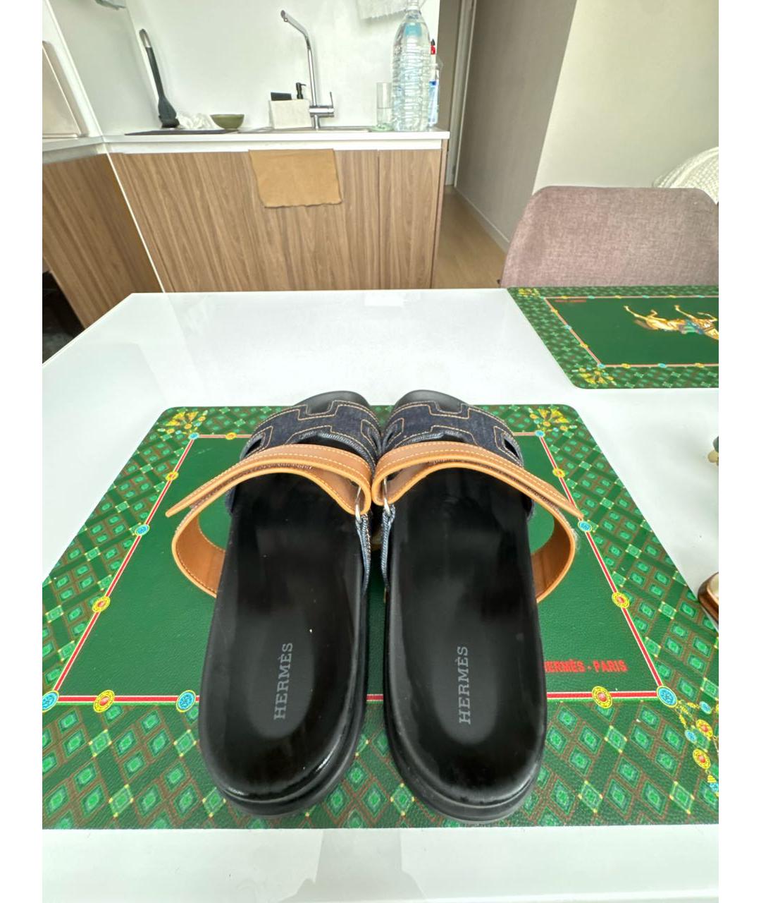 HERMES Синие кожаные шлепанцы, фото 3