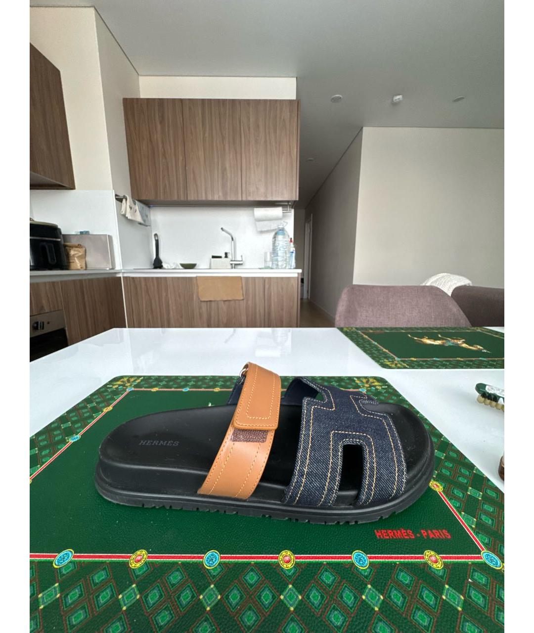 HERMES Синие кожаные шлепанцы, фото 5