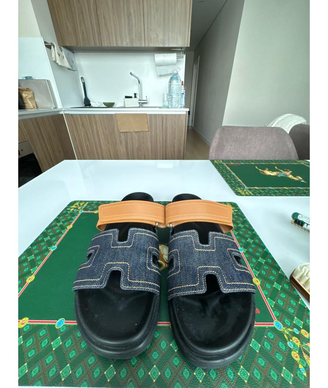 HERMES Синие кожаные шлепанцы, фото 2