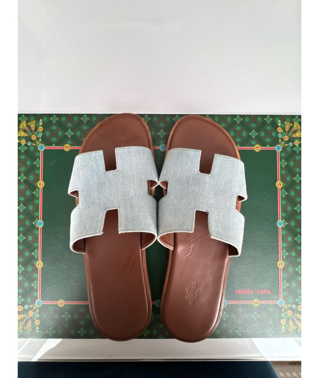 HERMES Голубые текстильные шлепанцы, фото 3