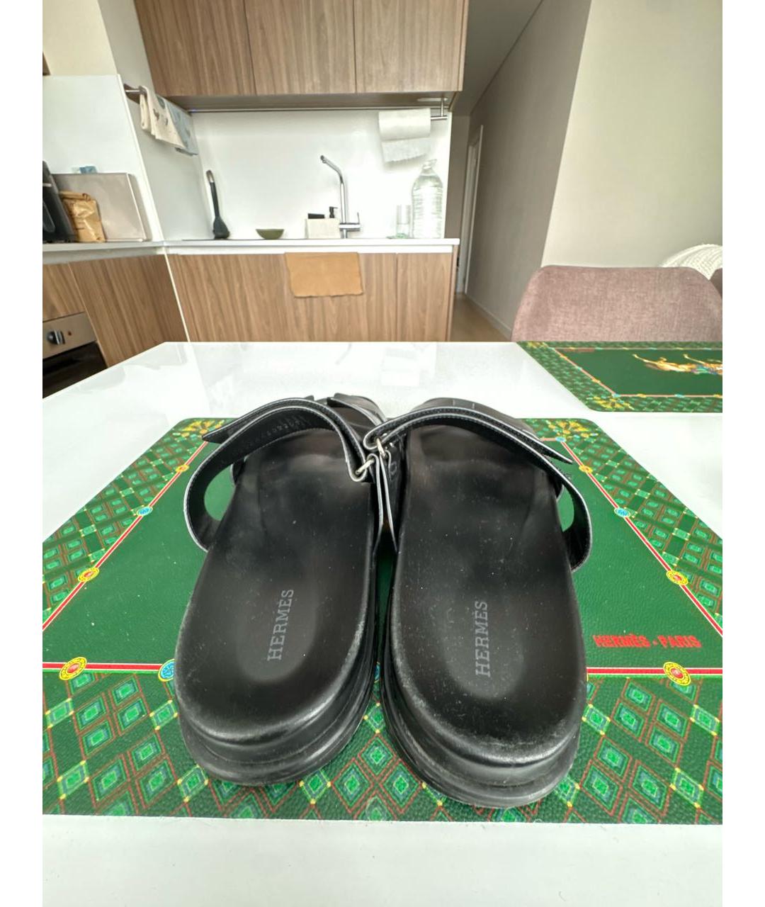 HERMES Черные кожаные шлепанцы, фото 5