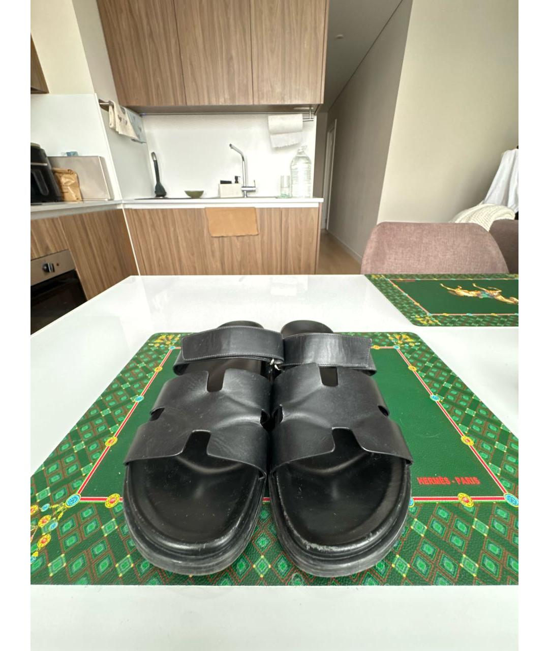 HERMES Черные кожаные шлепанцы, фото 3