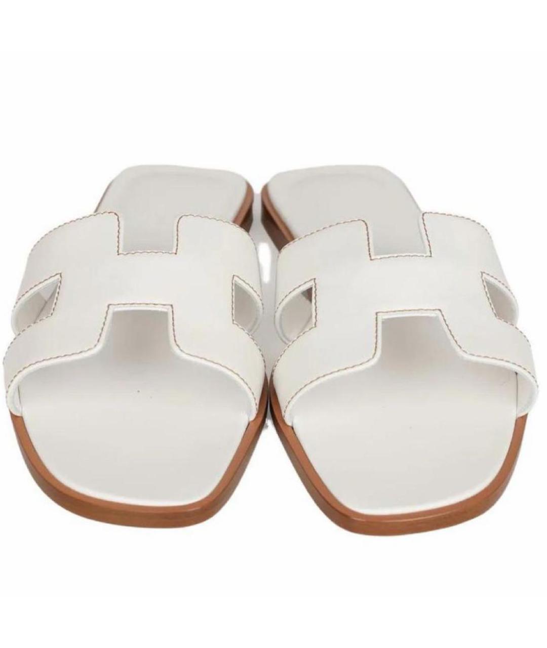 HERMES Белые кожаные шлепанцы, фото 3