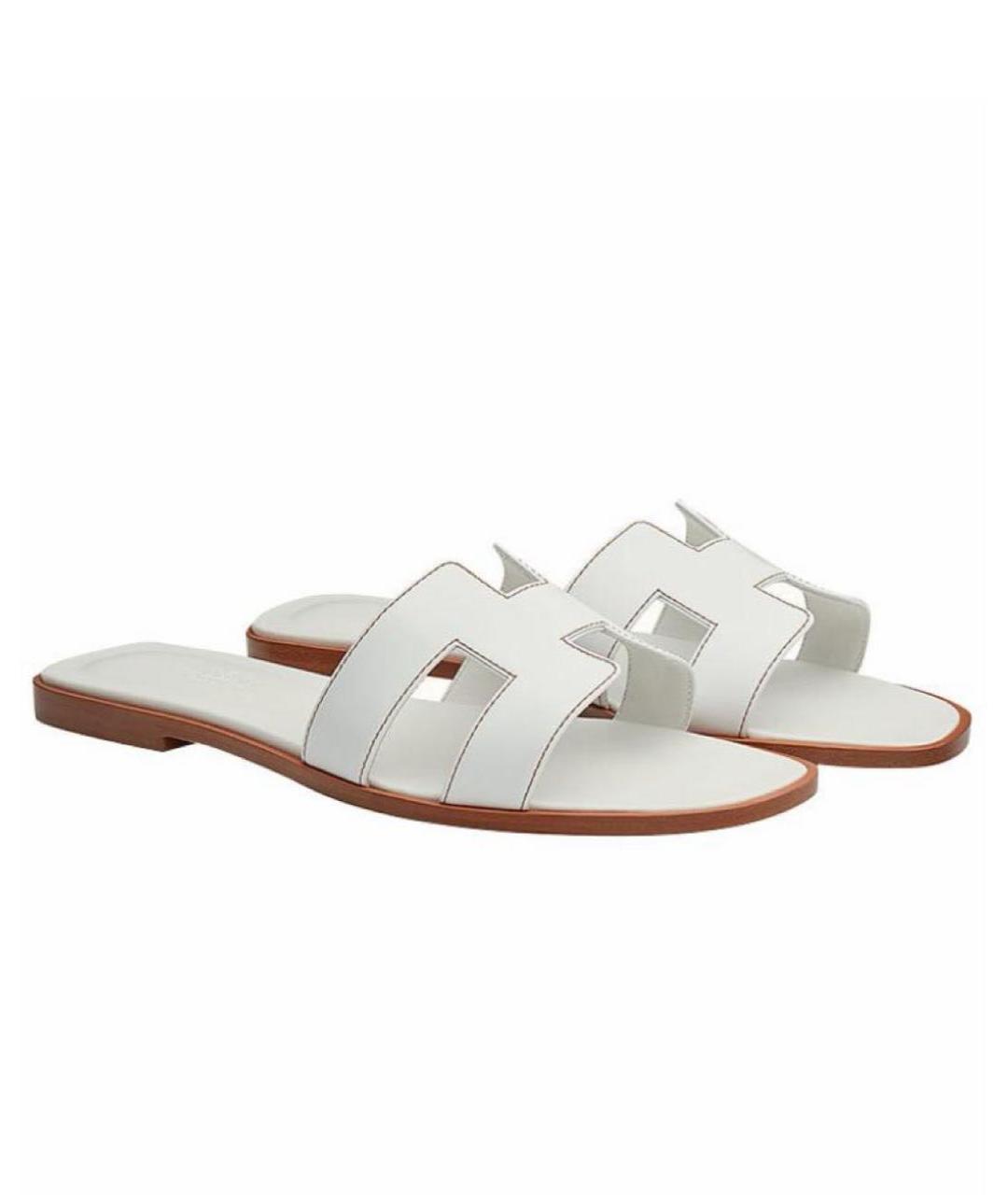 HERMES Белые кожаные шлепанцы, фото 5