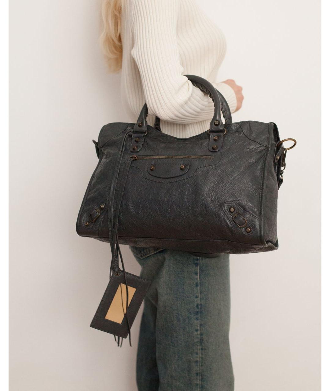 BALENCIAGA Антрацитовая кожаная сумка с короткими ручками, фото 4