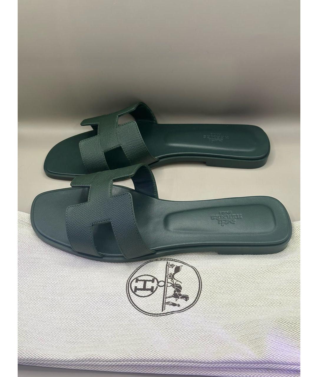 HERMES Зеленые кожаные шлепанцы, фото 9