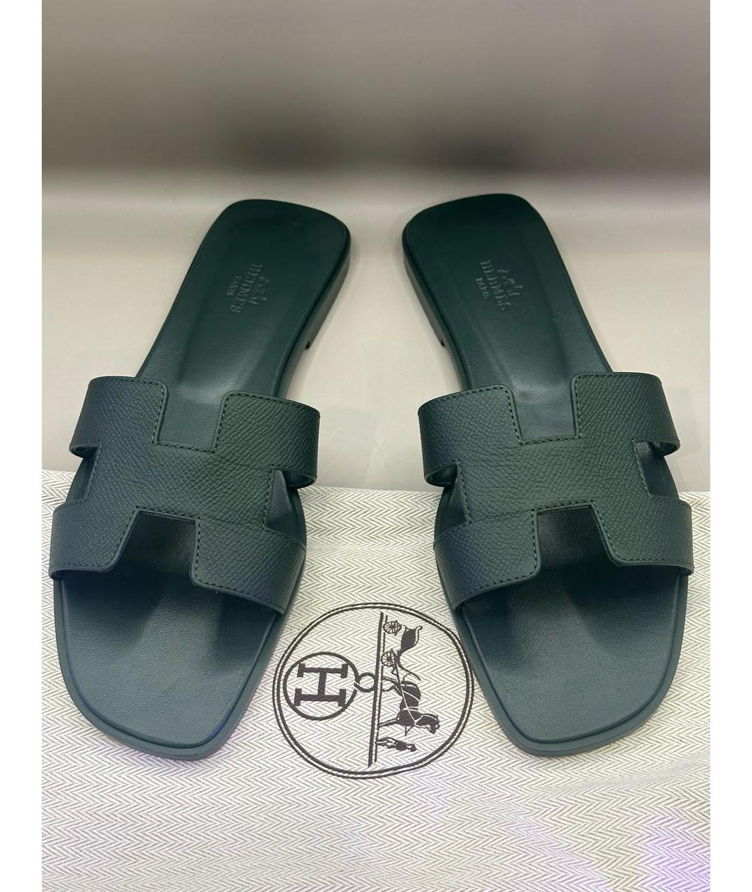 HERMES Зеленые кожаные шлепанцы, фото 2