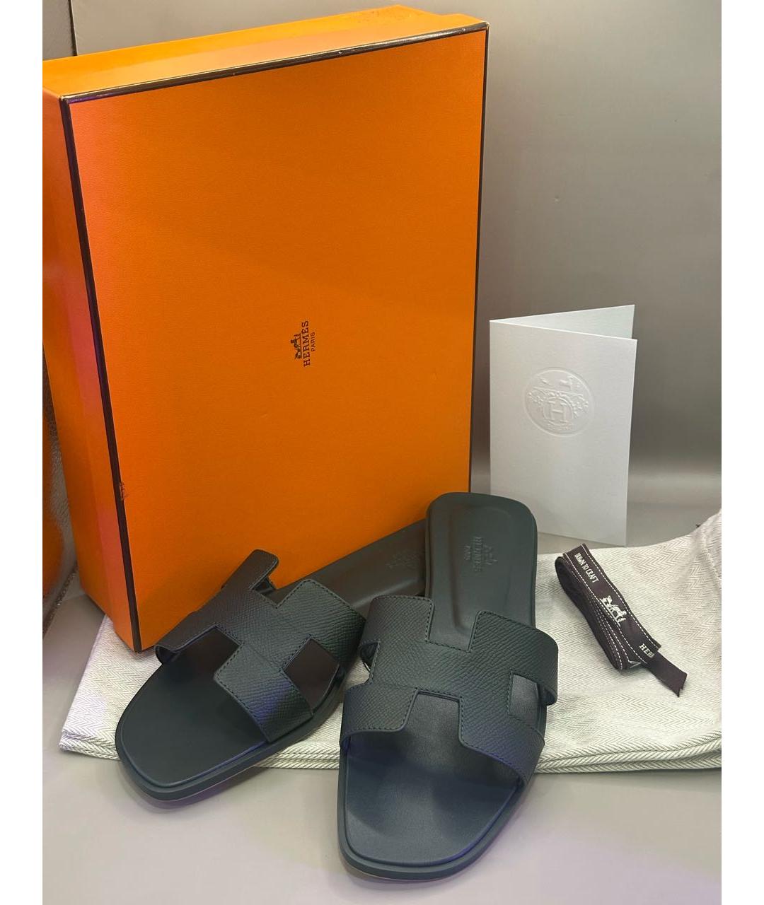 HERMES Зеленые кожаные шлепанцы, фото 5