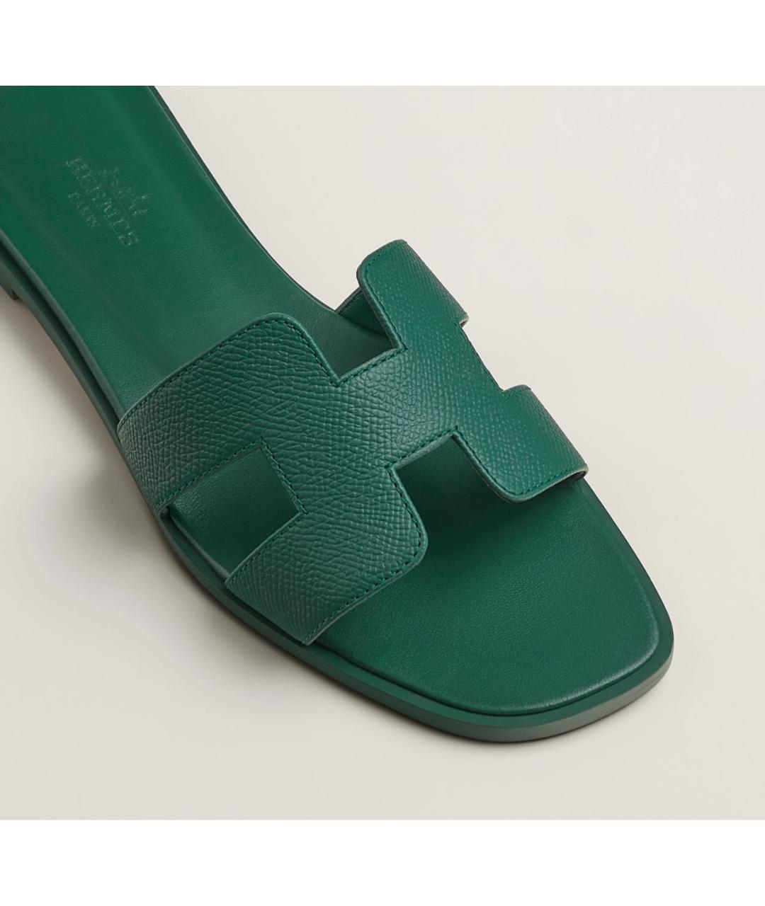 HERMES Зеленые кожаные шлепанцы, фото 7