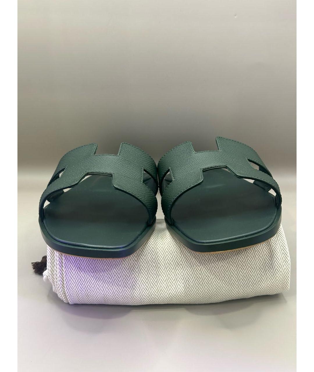HERMES Зеленые кожаные шлепанцы, фото 3