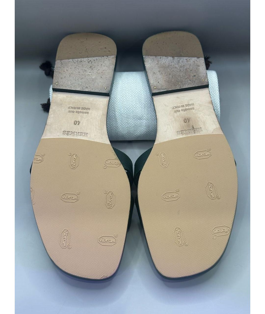 HERMES Зеленые кожаные шлепанцы, фото 4