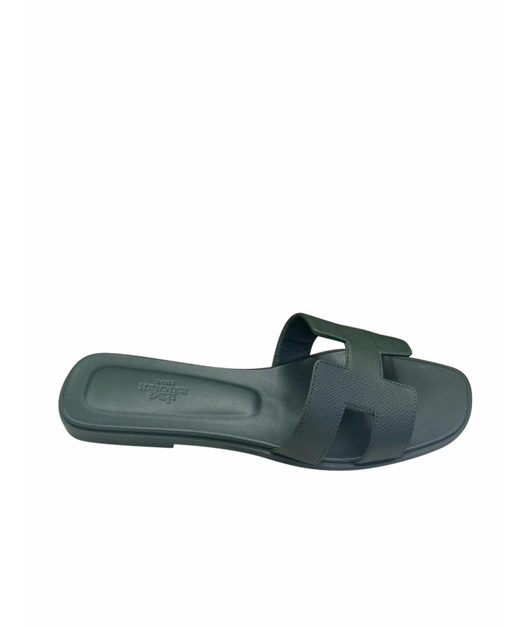 HERMES Зеленые кожаные шлепанцы, фото 1