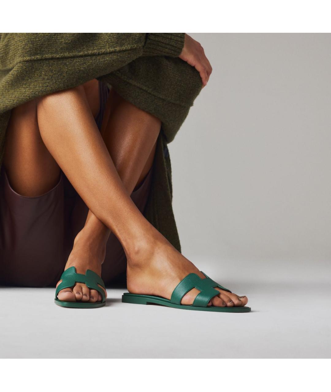 HERMES Зеленые кожаные шлепанцы, фото 6