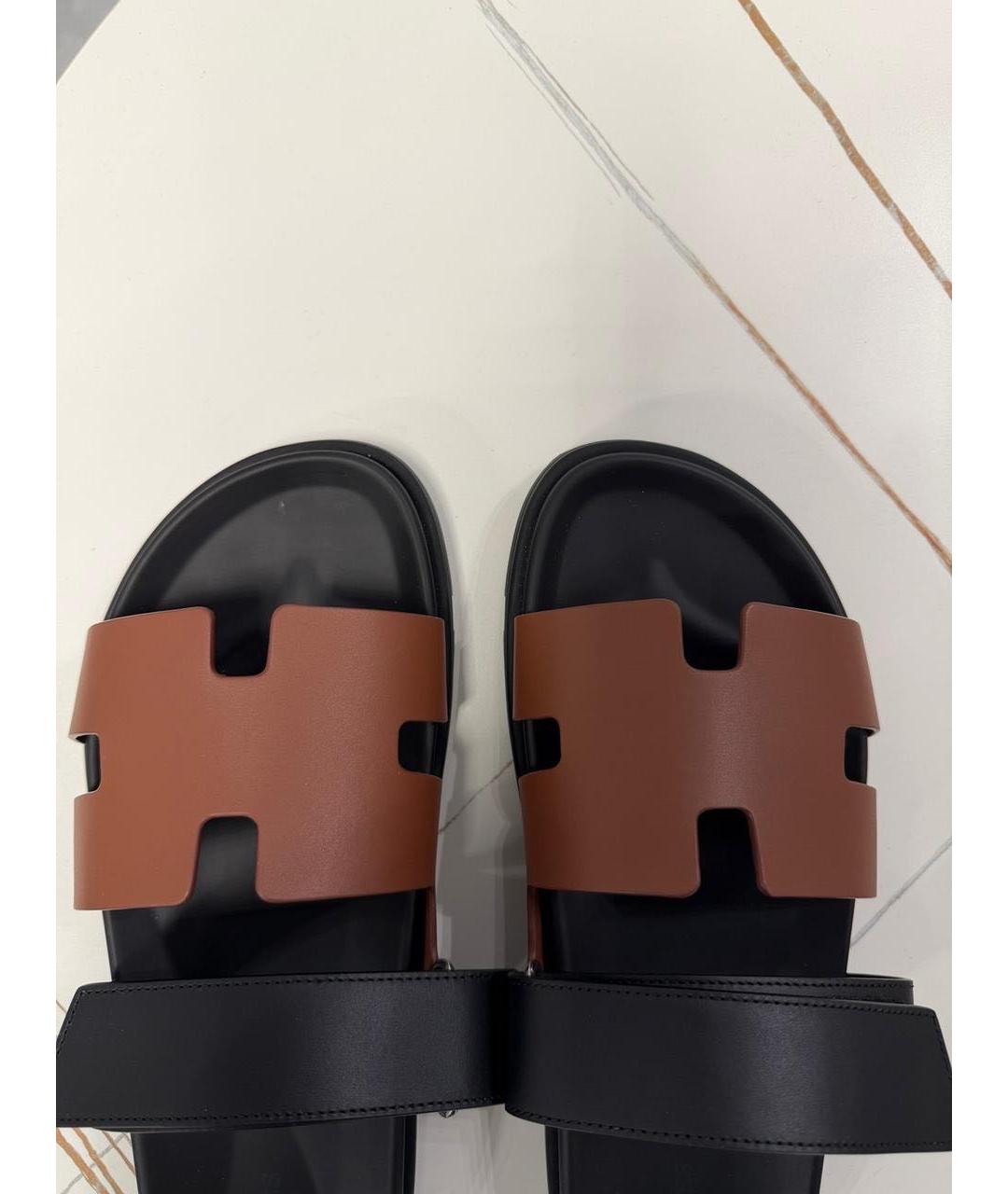 HERMES Коричневые кожаные шлепанцы, фото 5