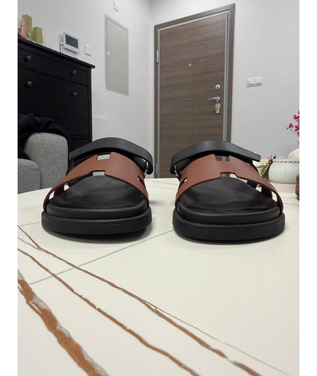 HERMES Коричневые кожаные шлепанцы, фото 2