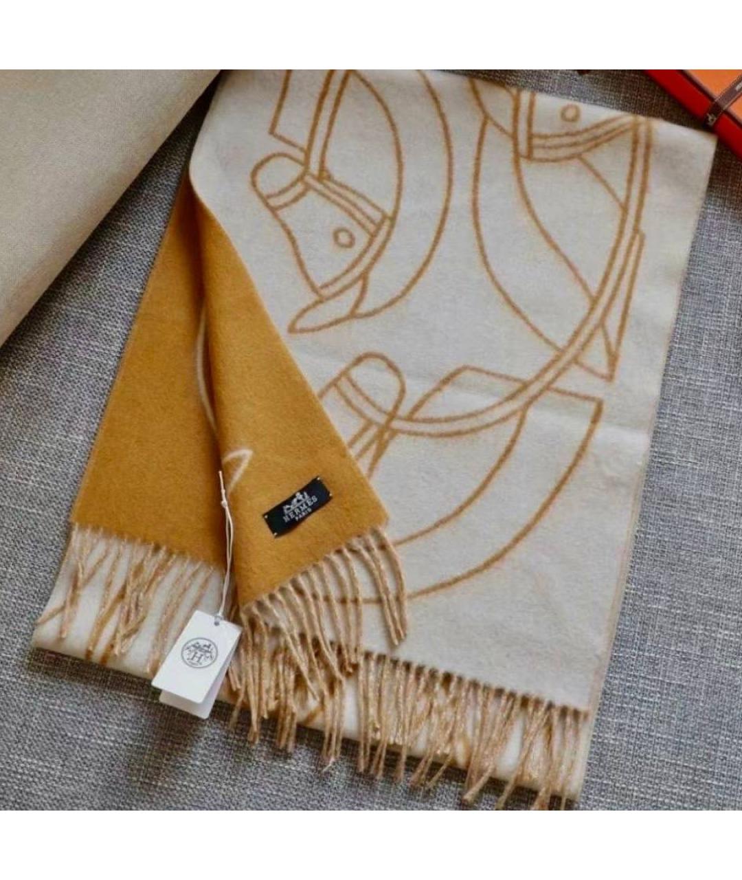 HERMES Горчичный кашемировый шарф, фото 2