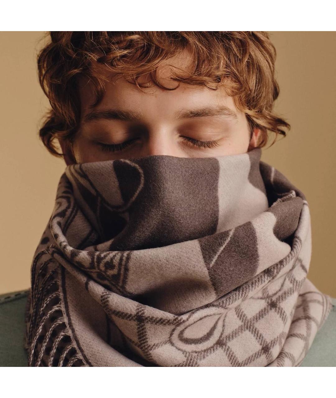 HERMES Коричневый кашемировый шарф, фото 3