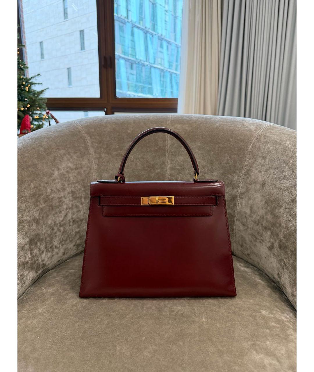 HERMES Бордовая кожаная сумка с короткими ручками, фото 9