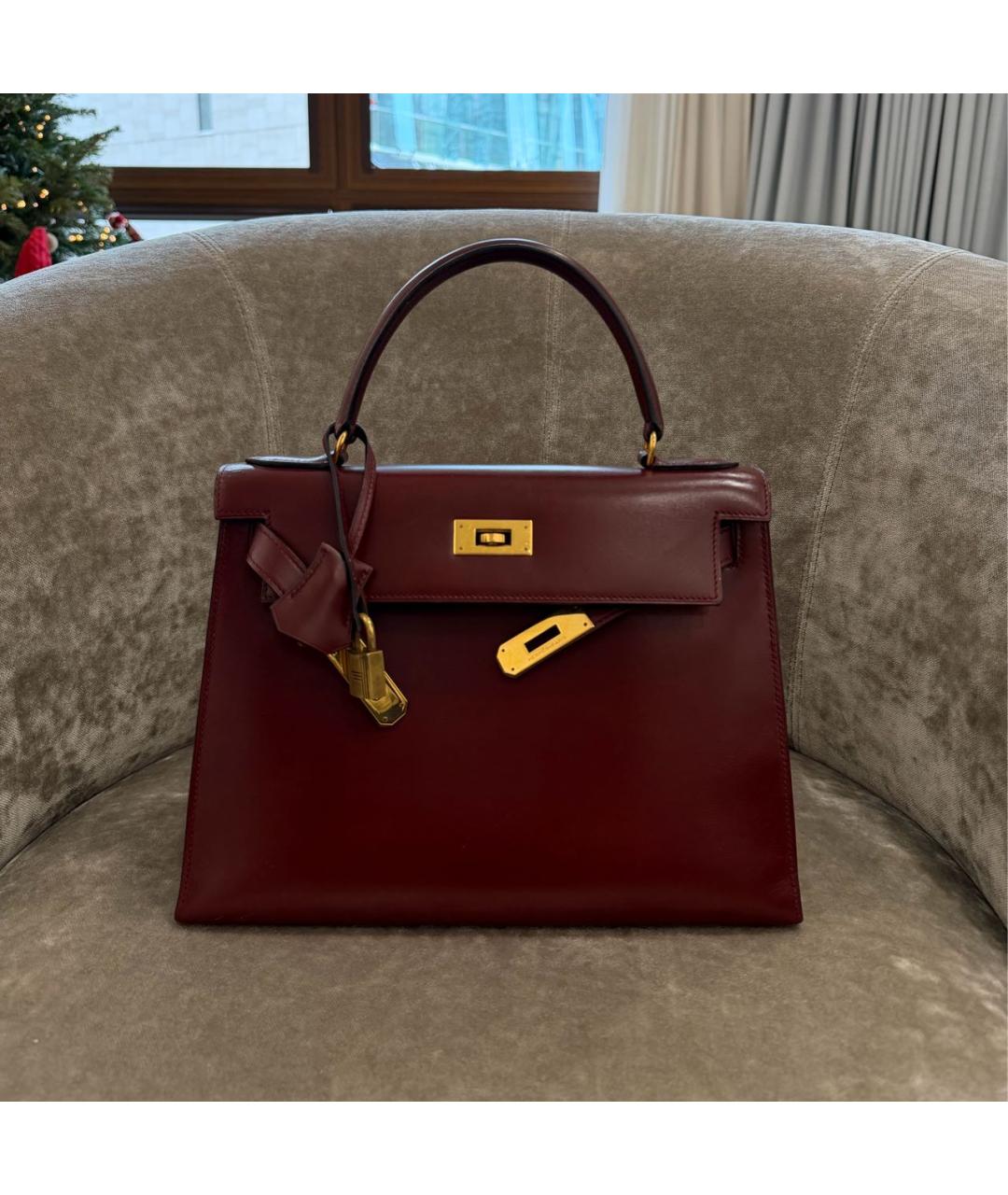 HERMES Бордовая кожаная сумка с короткими ручками, фото 4
