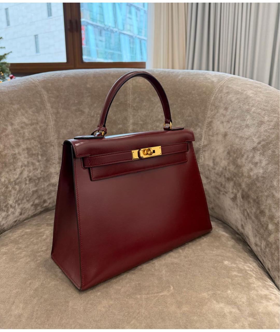 HERMES Бордовая кожаная сумка с короткими ручками, фото 2