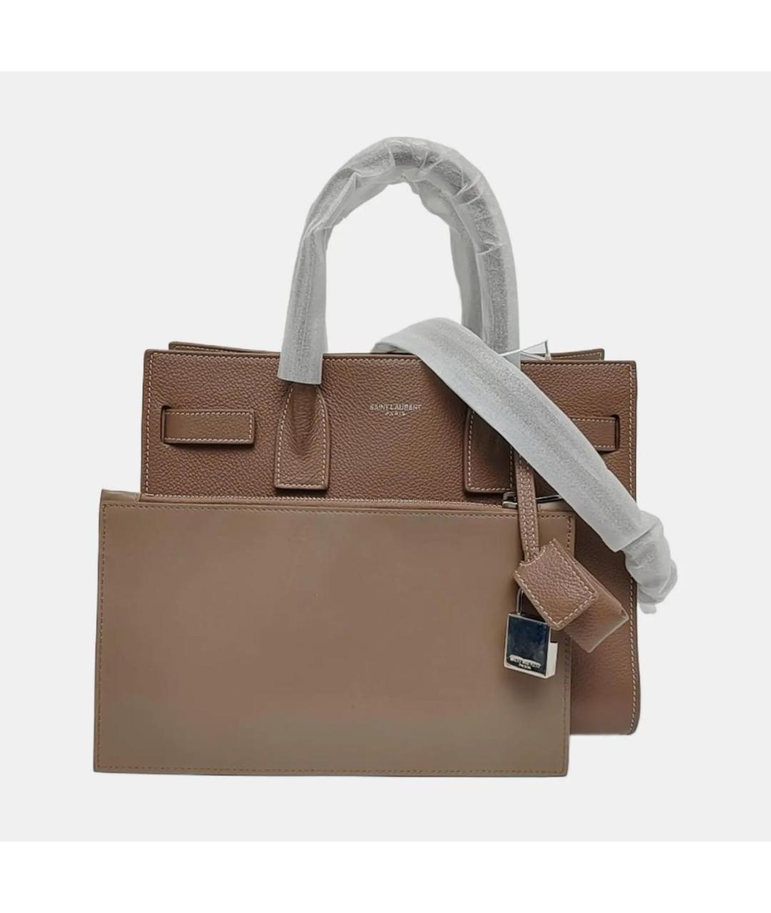 SAINT LAURENT Бежевая кожаная сумка с короткими ручками, фото 2