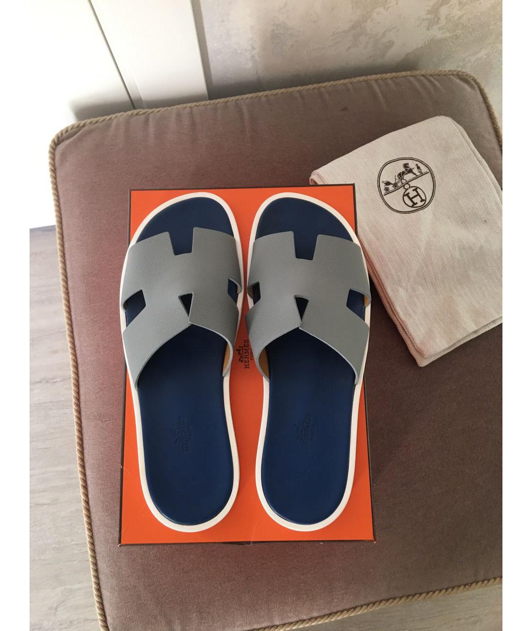 HERMES Серые кожаные шлепанцы, фото 3