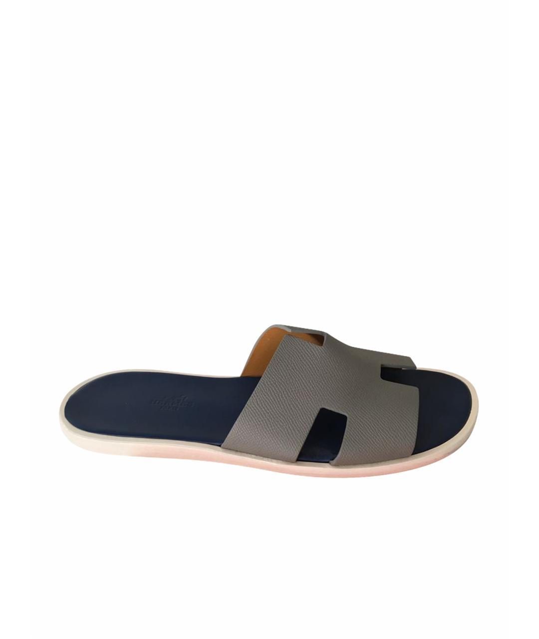 HERMES Серые кожаные шлепанцы, фото 1