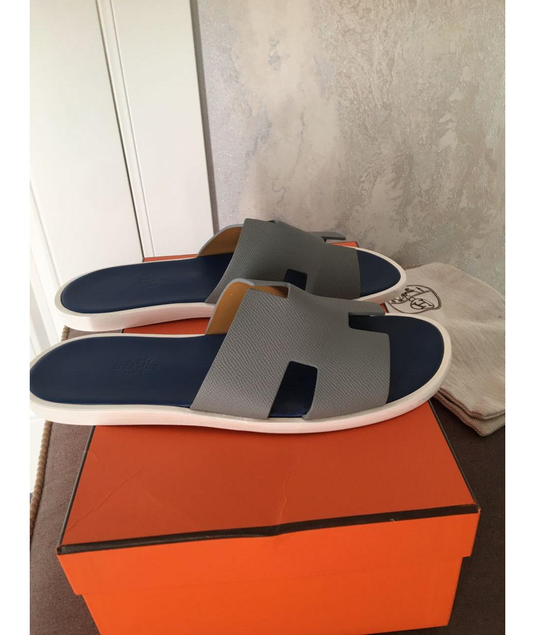 HERMES Серые кожаные шлепанцы, фото 7
