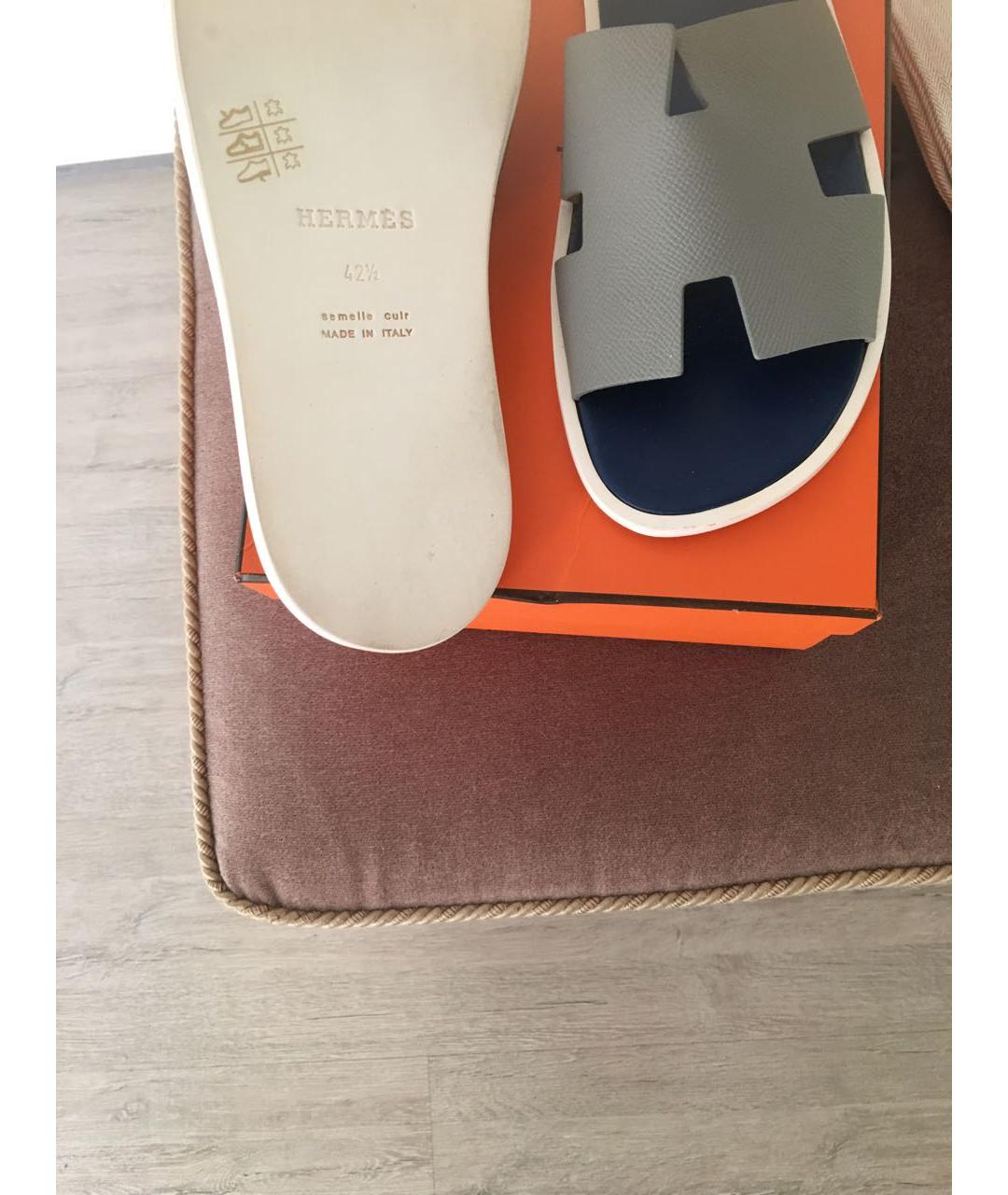 HERMES Серые кожаные шлепанцы, фото 4