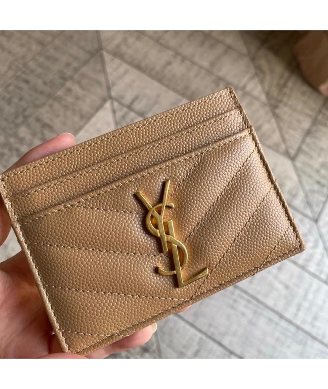 SAINT LAURENT Бежевый кожаный кардхолдер, фото 3