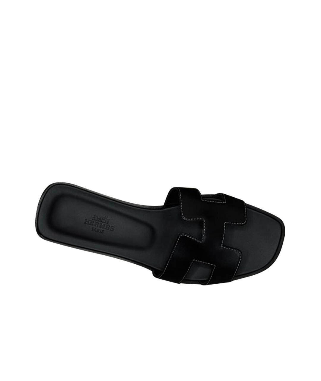 HERMES Черные кожаные шлепанцы, фото 1