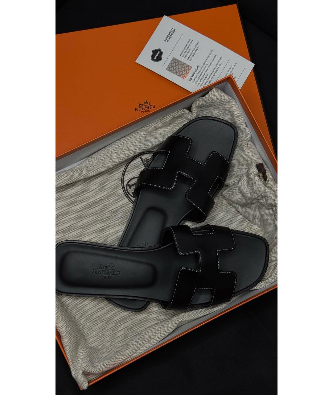 HERMES Черные кожаные шлепанцы, фото 2