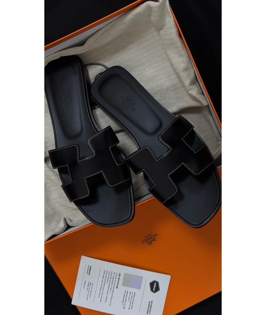 HERMES Черные кожаные шлепанцы, фото 4